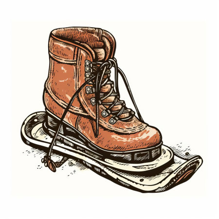 hiking boots on snowshoes vector sketch illustration, featuring a grunge skateboarding style with a touch of mid-century and historical influences. this creative commons attribution artwork showcases detailed character illustrations in a nostalgic brown and amber color scheme. ai generatedの素材