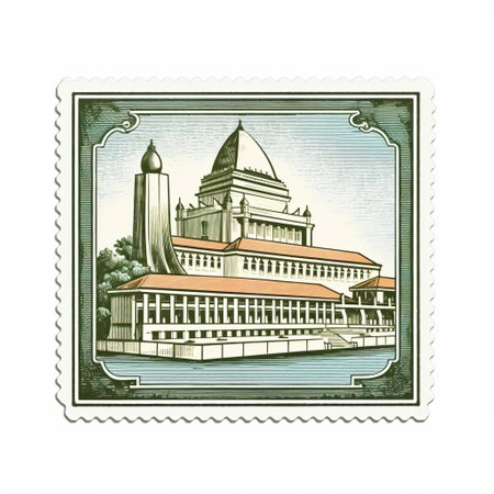 the mahatma bahaga stamp showcases a heritage building in johor, featuring a mid-century illustration style. captured with the tokina opera 50mm f1.4 ff lens, the photo exhibits a realistic hyper-detailed rendering. the feminine sticker art is influenced by escher and art deco sensibilities, with a color palette of light green and light brown. ai generatedの素材