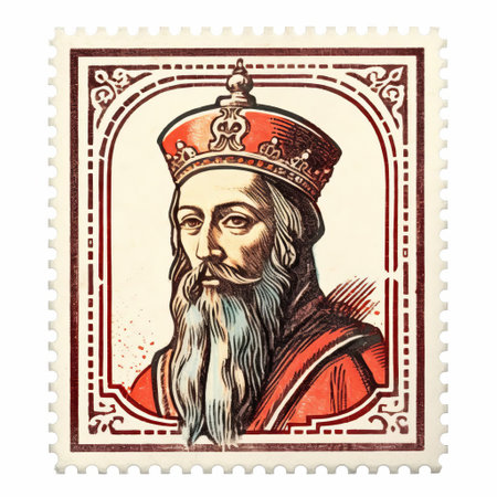 the king of hungary sits regally on his golden throne, adorned with a majestic crown, as depicted on a postage stamp. this mid-century illustration draws inspiration from the style of necronomicon illustrations, showcasing realistic anamorphic art. the image captures the influence of confucian ideology, with distinctive noses and a color palette of dark red and light azure, creating a captivating and unique illustration. ai generatedの素材