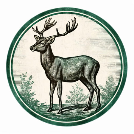 an old vintage green woods scene with a deer is captured in a green or tan frame, reminiscent of magnified ornamentation found in historical illustrations. shot on 70mm film, the photograph showcases dignified poses and is presented in a tondo style, resembling a 17th-century logo. ai generatedの素材
