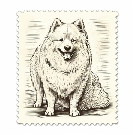 a samoyed dog is depicted sitting in a wooden postage stamp in this detailed character illustration. the style of the artwork draws inspiration from classic tattoo motifs, illustrations by franklin carmichael, large canvas paintings, simplistic cartoons, and the works of oleksandr bogomazov. ai generatedの素材