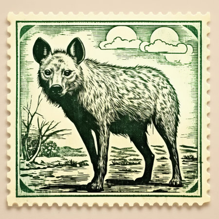 a hyena on a stamp, depicted in the style of mid-century illustration, reminiscent of national geographic photos from the late 19th century. this unique artwork combines elements of folk art and contemporary animal sculptures, featuring a hyena in shades of light yellow and dark green. the image captures a romanticized depiction of the wilderness. ai generatedの素材
