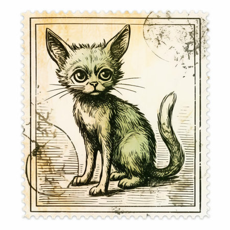 a vintage-style post stamp featuring a cat from the wyre, depicted in the intricate and detailed style of necronomicon illustrations. this high-quality photo showcases the persian miniature-inspired artwork, with light green accents and sketchy caricatures of various animals. ai generatedの素材