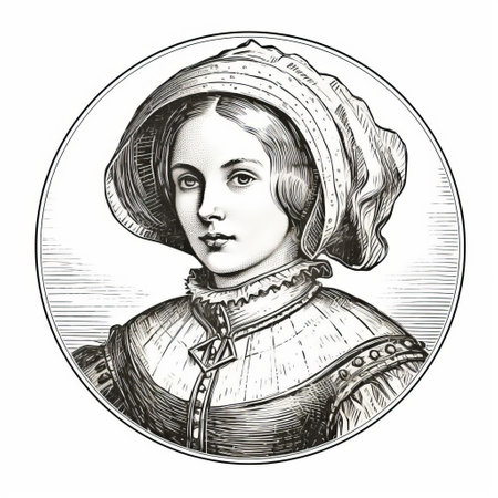 portrait of a woman in renaissance-era attire, captured in a charming wood engraving style. the tondo composition, with its silver and magenta tones, evokes the artistry of the 15th century. this captivating illustration showcases a grid-based design and a cyclorama effect, transporting viewers back in time. ai generatedの素材