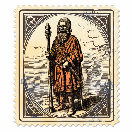 an old man with a beard holding a wooden shaft and wooden sword is depicted in this mail art style photograph. the image showcases iconographic symbolism with a color palette of dark amber and sky-blue. the highly detailed figures, created by frantiek dvok, are set against a background of quadratura. this captivating artwork is reminiscent of the style of don blanding. ai generatedの素材