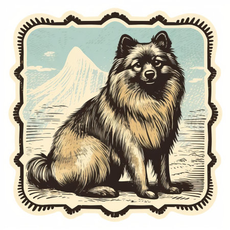 a dog stands proudly in front of a majestic mountain in this vintage wood engraving. the artwork showcases simplified and stylized portraits, with a color palette of dark beige and light azure. the furry art is complemented by elaborate borders, reminiscent of himalayan art. the image was captured using a rollei retro 400s film, giving it a timeless, hand-drawn feel. ai generatedの素材