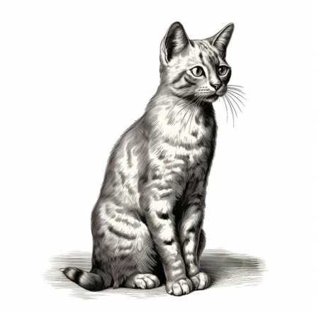 a detailed shading drawing of a cat sitting on top of the floor, inspired by historical illustrations. the artwork showcases a dark white and gray color palette, reminiscent of the style of cicely mary barker. this realistic image captures the essence of historical illustration and the art of burma. ai generatedの素材