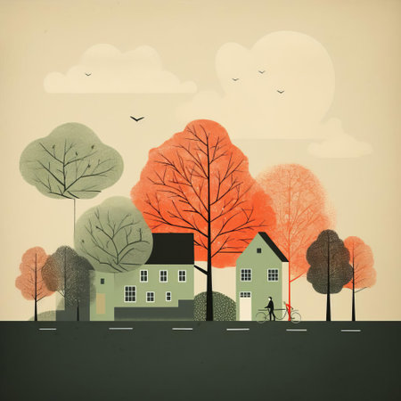 a graphic showcasing a charming town with a diverse range of houses, captured through retro filters to create a dreamy and nostalgic atmosphere. the artwork beautifully portrays everyday life in a mix of american tonalist and modernist street scenes, with intricate details of foliage inspired by the dutch tradition. ai generatedの素材