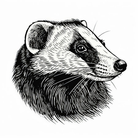a badger is depicted in a detailed ink illustration on a white background. the style of the artwork resembles woodcut, with strong facial expression and realistic hyper-detail. the portrait has a whistlerian quality, reminiscent of screen printing techniques. ai generatedの素材