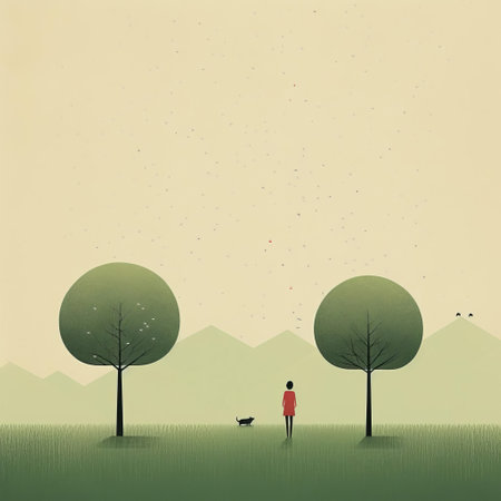 a poster featuring a person walking amidst trees, inspired by the serene and tranquil style of alessandro gottardo. the artwork showcases a harmonious blend of red and green tones, with simplistic vector art and digitally enhanced details. the character illustrations are intricately depicted, creating serene pastoral scenes. ai generatedの素材