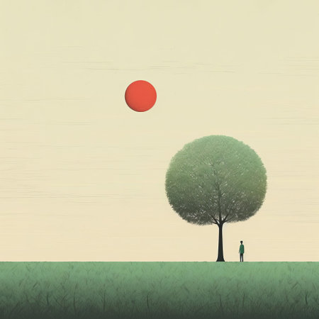 a minimalist color field illustration of a serene pastoral scene featuring a man or woman. the flattened perspective and subtle gradients create a tranquil atmosphere. this tree portrait captures the essence of everyday life with its red and green hues, showcasing the beauty of nature in a simplistic yet captivating way. ai generatedの素材
