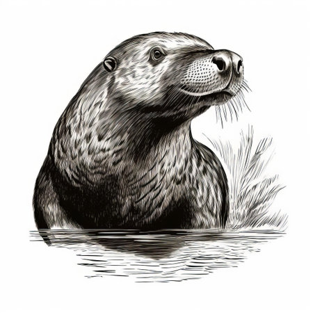 a seal is depicted in this graphic art design clipart illustration, captured in the style of detailed cross-hatching reminiscent of ivan shishkin's work. the realistic portrayal showcases the seal laying down to drink water, while the historical illustrations and skeuomorphic elements add depth and intricacy to the image. this hyper-detailed artwork is perfect for those seeking realistic animal portraits with a touch of artistic flair.の素材