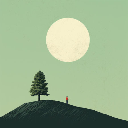 a person gazes at a red object in the sky from atop a hill. this minimalist illustration, reminiscent of vintage poster design, features a color palette of dark green and light cyan. the artwork explores texture and contrasts scale, while its simplistic vector art style captures the essence of nature. ai generatedの素材