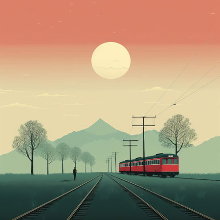 a red and yellow train is seen traveling down the tracks in a picturesque landscape. the image captures the essence of swiss style with its layered and atmospheric elements. it combines elements of environmental portraiture and romantic illustrations, showcasing a detailed character design. the color palette of light red and teal adds to the overall harmony with nature. ai generatedの素材