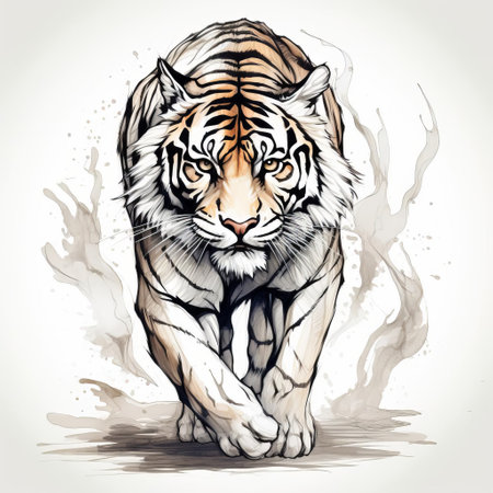 an illustration of a tiger running, showcasing fluid washes of color and gritty elegance. the detailed ink illustrations capture the tiger's movement with light gray and amber tones. this illustration is a perfect example of detailed character illustrations with hand-drawn elements. ai generatedの素材
