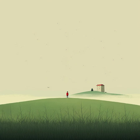 a simple wooden house nestled in the lush green hills, reminiscent of the minimalist painter's style. the detailed atmospheric portraits of italian landscapes are captured in a light gray and red color palette. the editorial illustrations are both disturbingly whimsical and presented on a panoramic scale. ai generatedの素材