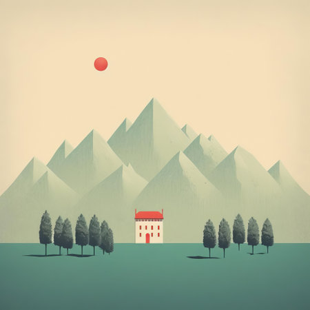 houses with mountains in the background, inspired by alessandro gottardo's style. the photo showcases a solarization effect, with detailed character illustrations. the color palette includes light cyan and red, creating a vibrant atmosphere. the pointillist nature scenes add depth and texture to the composition, reminiscent of filippo brunelleschi's work. ai generatedの素材