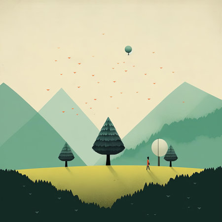 a man walks through a field in this emiliano ponzi-inspired illustration, featuring mountainous vistas and ethereal trees. the artwork showcases the playful use of shapes seen in seth globepainter's style, reminiscent of 2d game art. the realistic landscapes are depicted with soft, tonal colors, creating a serene and captivating scene. ai generatedの素材