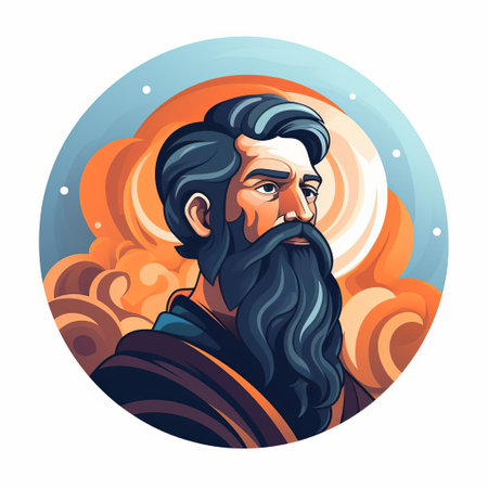 an icon of an old man with a long beard and overflowing hair, depicted in a dreamlike illustration style with detailed skies. the light indigo and amber colors create a captivating gaze, while circular shapes add to the biblical grandeur. the high contrast compositions enhance the overall impact of this mesmerizing image. ai generatedの素材