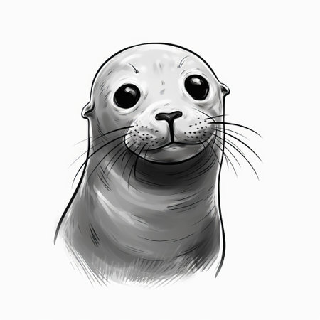 a cartoon seal is depicted in this brushwork exploration style photograph. the monochrome portrait showcases black and white realism, with a flickr effect adding a touch of light maroon and gray. the clean and sharp inking creates a realistic yet ethereal feel to the image. ai generatedの素材