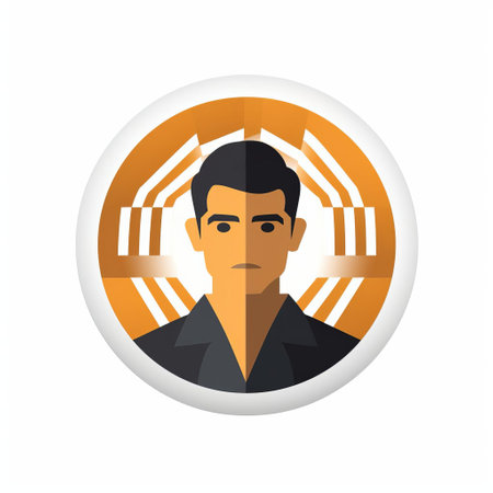 a flat icon featuring a person's face with a small black stripe, blending realistic and fantastical elements. the icon showcases a handsome individual with a mix of dark white and light orange tones. its technological symmetry and precisionist style give it a wealthy portraiture feel, while the back button focus adds a touch of sophistication. ai generatedの素材