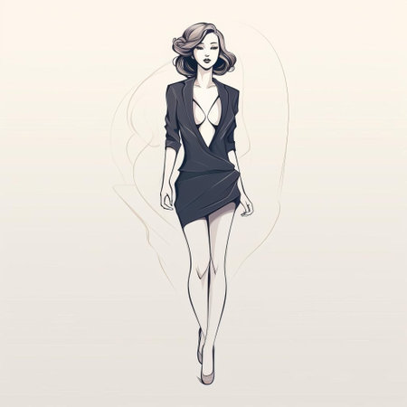 a fashion designer woman showcasing her sleek and stylized creations. her designs draw inspiration from manga and vintage-inspired pin-ups, resulting in a unique juxtaposition of hard and soft lines. the dark proportions and contrasting light and dark tones add an elegant touch to the overall aesthetic. ai generatedの素材