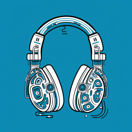 a retro-futuristic cyberpunk drawing of dark cyan and white bluetooth headphones with buttons. created by jim mahfood, this artwork showcases symmetrical harmony and a squiggly line style. the innovative composition features futuristic robots, merging technology and art seamlessly. ai generatedの素材