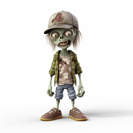 a 3d model of a kids' character in a street style realism, rendered in maya. this humorous and eye-catching cartoon depicts a zombie in a hip-hop style, with light green and bronze colors. the image captures a sense of suburban ennui. ai generatedの素材