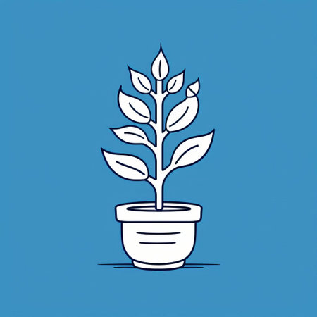 a wooden plant in a pot sits on a vibrant blue background, showcasing simplified line work and minimalist aesthetics. this hand-drawn animation, inspired by the personal iconography of gene luen yang, captivates with its strong use of color and high-resolution details. ai generatedの素材