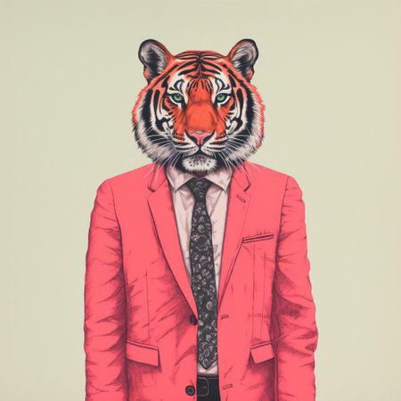 a man wearing a tiger mask, inspired by the artistic styles of josan gonzalez and alessandro gottardo. the picture showcases vibrant red and pink hues, with anthropomorphic animals reminiscent of rene magritte's surrealism. the detailed costumes and bright, bold color palette create a visually captivating image. ai generatedの素材