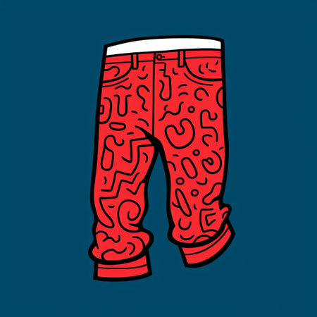 a pair of leggings featuring a vibrant pop art-inspired design with zig zags, reminiscent of cartoon illustrations. the leggings showcase red thread accents and toy-like proportions, giving them a unique hip-hop style. the pattern has a hand-drawn animation feel, resembling a woodcut. the color palette includes dark pink and light indigo shades. ai generatedの素材