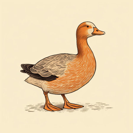 a goose with a short beak stands on a background reminiscent of golden age illustrations. the dark orange and light beige colors create a striking contrast, while the cross-hatching technique adds depth to the hyper-realistic animal illustration. the overall composition is balanced, with proportions inspired by folk art. ai generatedの素材