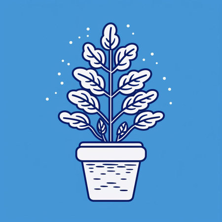 a photo of an icon depicting a plant in a pot is showcased against a vibrant blue background. the icon is created with flawless line work, reminiscent of snow scenes and the artistic style of gregoire guillemin. the photo is captured using fujifilm provia, resulting in an atmospheric environment. this creative commons attribution image is a joyful celebration of nature. ai generatedの素材
