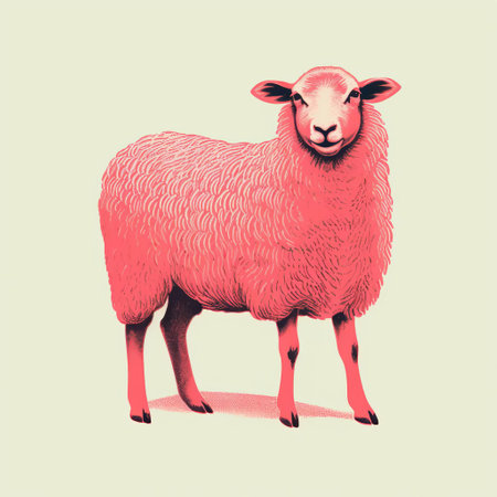 a pink sheep with a long tail stands out in this vintage graphic design-inspired photo. the realistic anamorphic art style brings depth to the image, while the saturated colorism adds vibrancy. the darkroom printing technique enhances the overall aesthetic, giving it an editorial illustration feel. the grainy texture adds a touch of nostalgia, with light yellow and red tones completing the captivating composition. ai generatedの素材