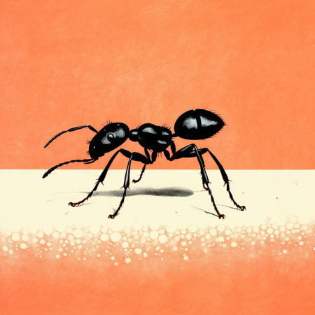 an ant, depicted in the style of calotype, stands tall on an orange. the illustration showcases dramatic shading and editorial elements. created using a mamiya 7 ii camera, the artwork features a combination of light pink and light black tones. this vivid comic book-style illustration captures the attention with its unique and eye-catching composition. ai generatedの素材