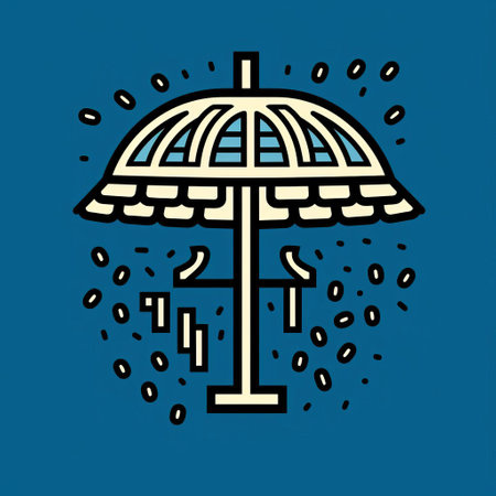a white umbrella vector icon with a woodcut and linocut style, featuring light bronze and indigo colors. this surreal cyberpunk iconography represents nyc explosion coverage. the design incorporates light yellow and dark aquamarine shades, reminiscent of byzantine-style iconography, making it suitable for editorial illustrations. ai generatedの素材