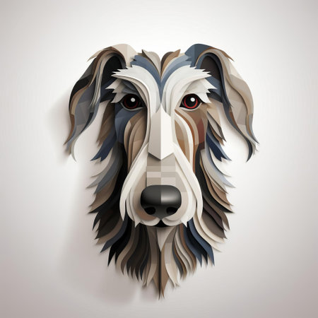 a black and white wolfhound dog icon, created by john wilhelm, showcases a unique style of colorful layered forms. this sculptural expression captures the essence of the breed, with light gray and brown tones adding depth. the illusory wallpaper portraits and paper sculptures exhibit a realistic attention to detail, making this artwork truly captivating. ai generatedの素材