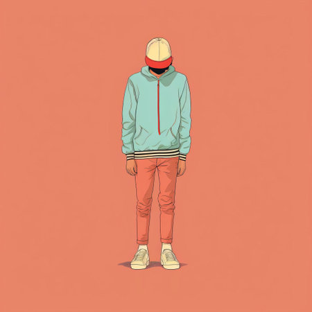a cartoon illustration of a man in a hoodie and pants, featuring minimal retouching. the style is characterized by light red and cyan colors, with photographically detailed portraitures. the artwork creates an optical illusion and is available on flickr. the illustration is cute and colorful, with a contrasting balance. ai generatedの素材