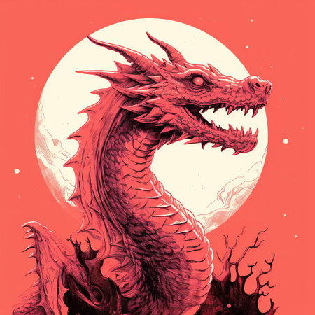 a red dragon, in the style of crisp neo-pop illustrations, sits under a moon and rocks. the detailed composition showcases elements reminiscent of necronomicon illustrations, with a saturated color field and trace monotone. the artwork captures a fantastic grotesque essence, highlighting the dragon's realistic detail. ai generatedの素材