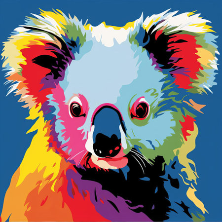 the photo captures the vibrant colors of a koala in a pop art style, with low resolution and bold stencil-like features. the australian landscapes serve as a backdrop, enhancing the vibrant color gradients. the koala's strong facial expression and toy-like proportions add a unique touch to the image. ai generatedの素材