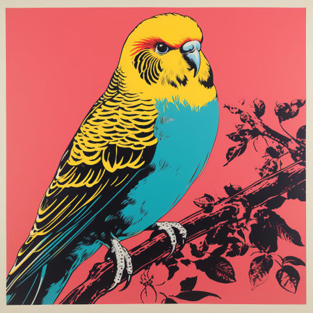 a bird perched on a branch in the style of pop art silkscreening, featuring hyper-detailed, light turquoise and dark yellow colors. this political print showcases characterized animals in a bold, colorful, and large-scale woodcut design, set against a vibrant pink background. ai generatedの素材