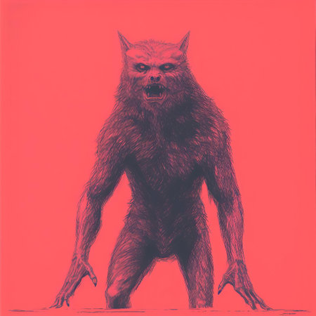 werewolf illustration by el rafe on reclaimed paper lithography. this unframed artwork showcases a satirical tone, combining the styles of bruce nauman, sanford robinson gifford, and peter coulson. the use of light red and magenta hues, along with cross-processing processing techniques, adds a unique touch to this flickr image. ai generatedの素材