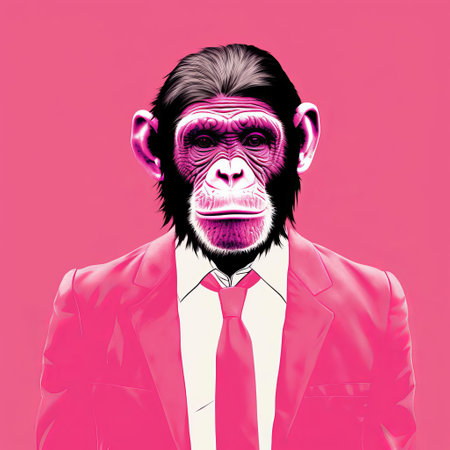 a person wearing a pink suit holds a pink chimpanzee head, reminiscent of crisp neo-pop illustrations. the photo showcases an elegant utilization of negative space and digitally enhanced elements. the composition features orderly arrangements, combining elements of junglepunk and celebrity portraits, with sharp contrast adding visual impact. ai generatedの素材