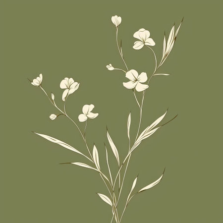 flowers and leaves are depicted in a minimalist ink painting style on a green screen background. the illustration showcases a graceful balance with its white and beige color palette. the minimalist simplicity of the artwork exudes a pastoral charm, while the graceful lines and soft outlines add to its overall aesthetic appeal. ai generatedの素材