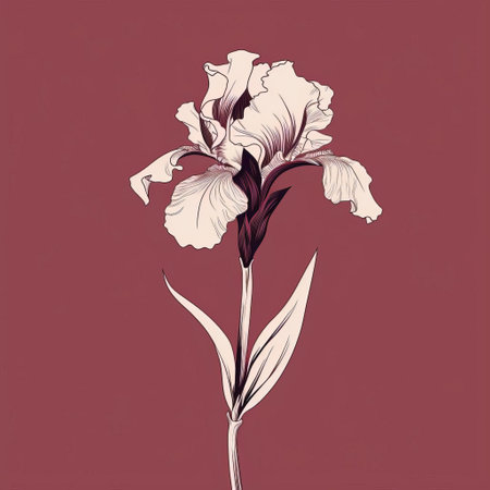 a floral iris design print on a dark red background, featuring a minimalistic composition in the style of romantic illustrations. the print showcases light black and light beige colors, creating a realistic yet romantic feel. the graphic illustration captures the delicate sculptures of the iris flowers. ai generatedの素材