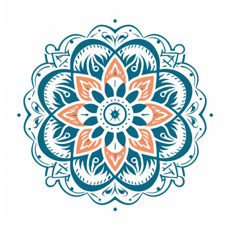 a photo featuring a geometric design mandala and various flowers mandala patterns with ornamental motifs in a dark teal and light orange color scheme. the design incorporates elements of islamic calligraphy, traditional balinese motifs, and simple, elegant compositions. the artwork showcases baroque-inspired ornamentation against a white background, with hints of art nouveau influences. ai generatedの素材