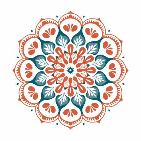 an orange and blue pattern design with mexican folk art influence, featuring light maroon and cyan colors. the design showcases a white background and a tondo shape, incorporating flourishing botanicals and classic tattoo motifs. the overall aesthetic is influenced by zen buddhism. ai generatedの素材