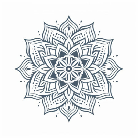 a black and white mandala flower art illustration vector template for business, featuring a light navy and gray color scheme. this classic tattoo-inspired design showcases stylized simplicity with indian motifs. the contrasting dark white and light blue hues add depth, while the linear simplicity and woodblock printing style enhance its artistic appeal. ai generatedの素材