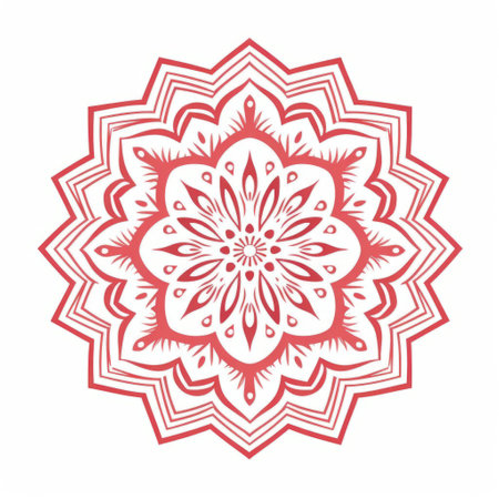 a vector illustration of a hand-carved colorful round logo featuring a mandalay mandalo. this vintage mandalo is isolated and created in the style of light pink and red, with intricate flower patterns and monochromatic geometry. it draws inspiration from traditional chinese painting and showcases delicate lines. the design also incorporates elements of mexican folklore and is stencil-based. ai generatedの素材