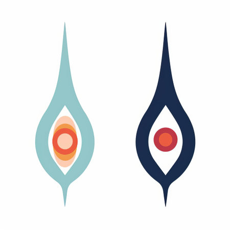 two octagons featuring vibrant blue and purple otus eyes on the top, showcasing abstract minimalistic compositions. the light navy and orange color palette adds to the natural symbolism and gender-bending iconography. these illustrations embody the essence of oriental minimalism with their simple yet colorful magnified ornamentation. ai generatedの素材